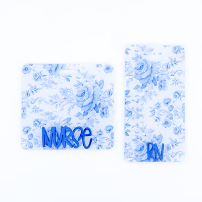 French Country Floral Backer w/ Royal Blue Metallic Karoline Text // 2-4 Week Turnaround Time