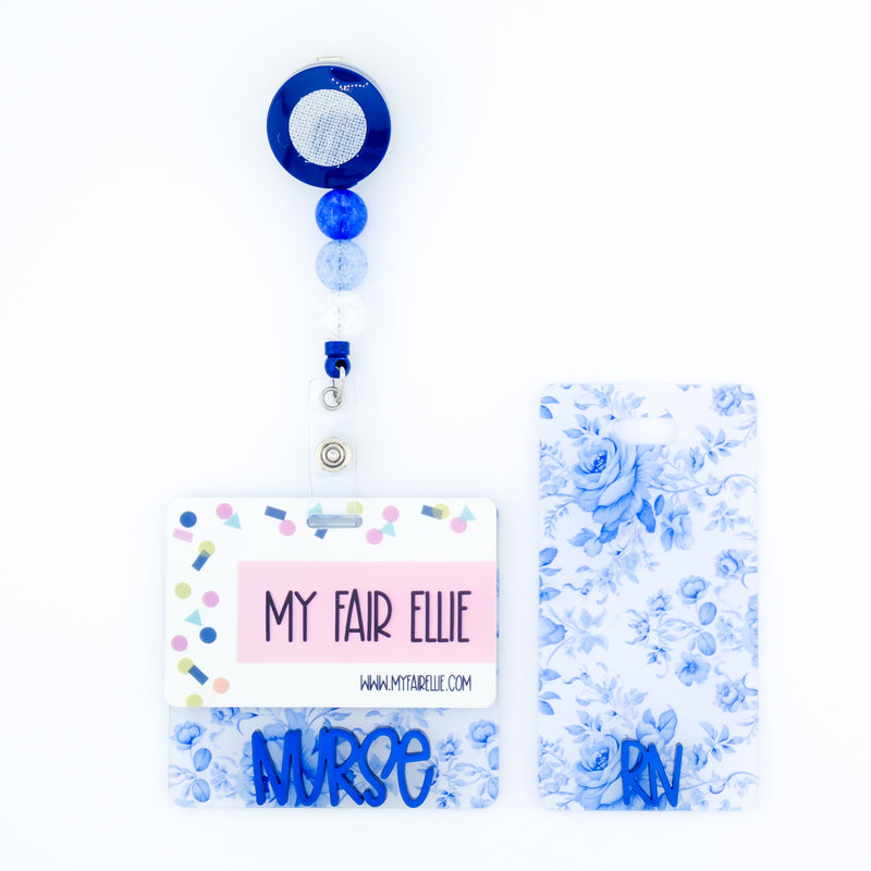French Country Floral Backer w/ Royal Blue Metallic Karoline Text // 2-4 Week Turnaround Time
