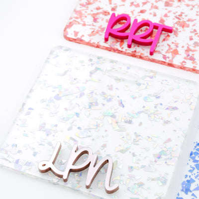 Clear Flake Series w/ Cake Pop Metallic Text // Badge Backer // 2-4 Week Turnaround Time