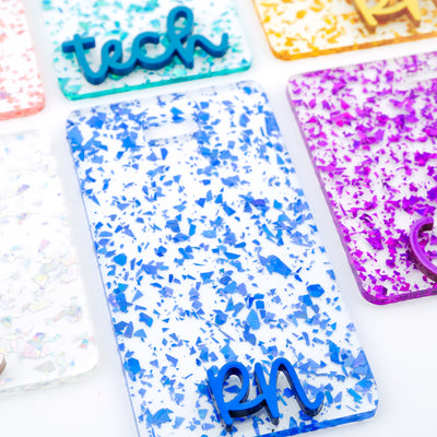 Clear Flake Series w/ Cake Pop Metallic Text // Badge Backer // 2-4 Week Turnaround Time