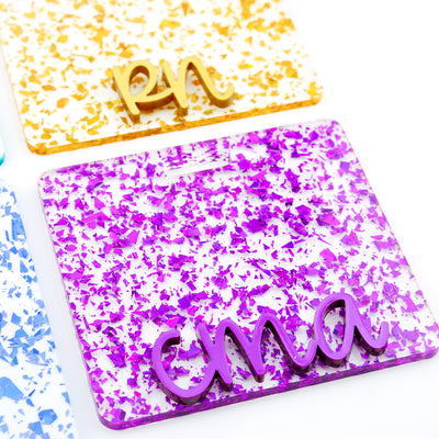 Clear Flake Series w/ Cake Pop Metallic Text // Badge Backer // 2-4 Week Turnaround Time