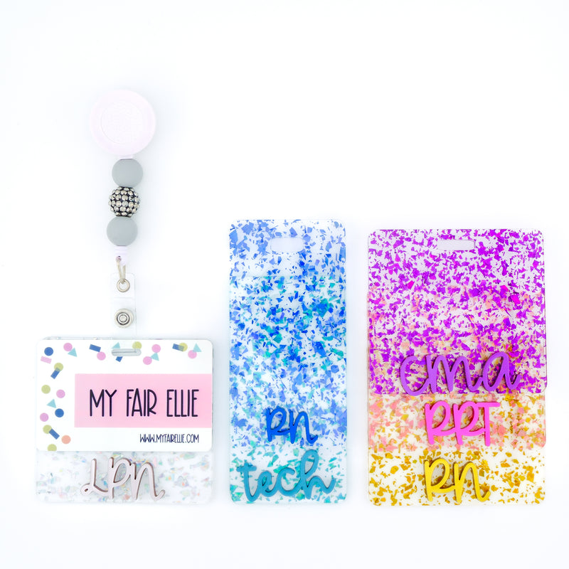 Clear Flake Series w/ Cake Pop Metallic Text // Badge Backer // 2-4 Week Turnaround Time