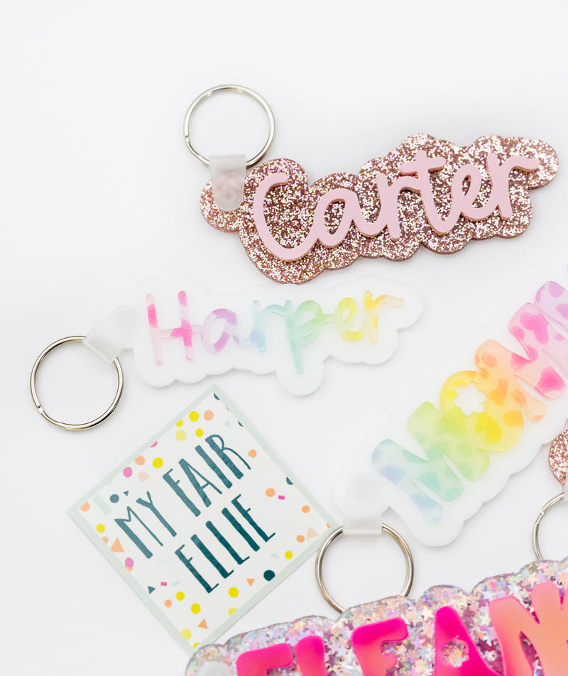 Customizable Acrylic Name Keychain // Rose Gold Glitter with Pink Script Text