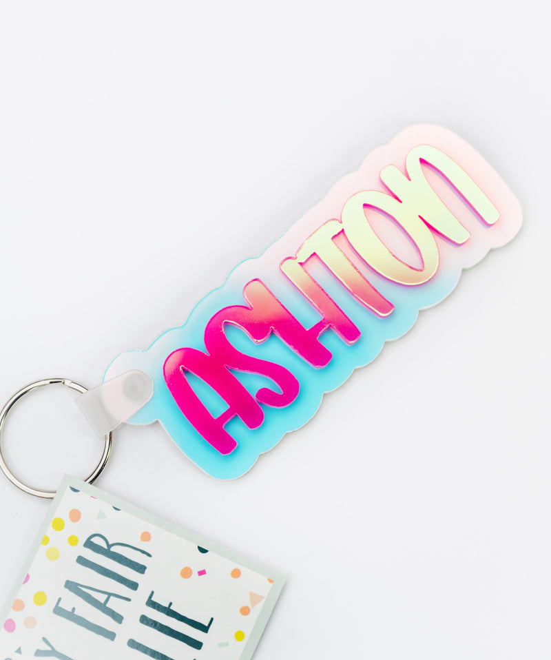 Customizable Acrylic Name Keychain // Dawn Prism with Day Break Peachy Font Text