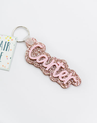 Customizable Acrylic Name Keychain // Rose Gold Glitter with Pink Script Text