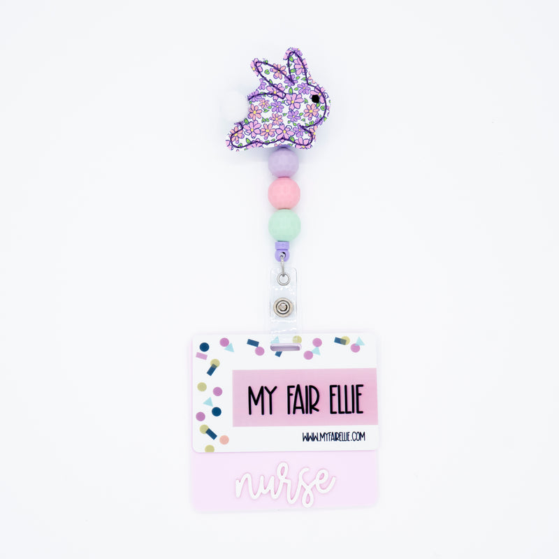 Purple Floral Print Bunny // Badge Buddy