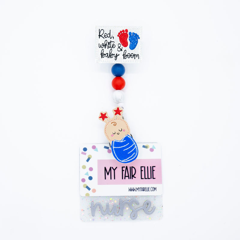 Red White & Baby Boom // Patriotic Swaddle Baby // Badge Buddy