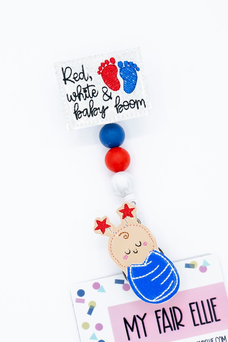 Red White & Baby Boom // Patriotic Swaddle Baby // Badge Buddy