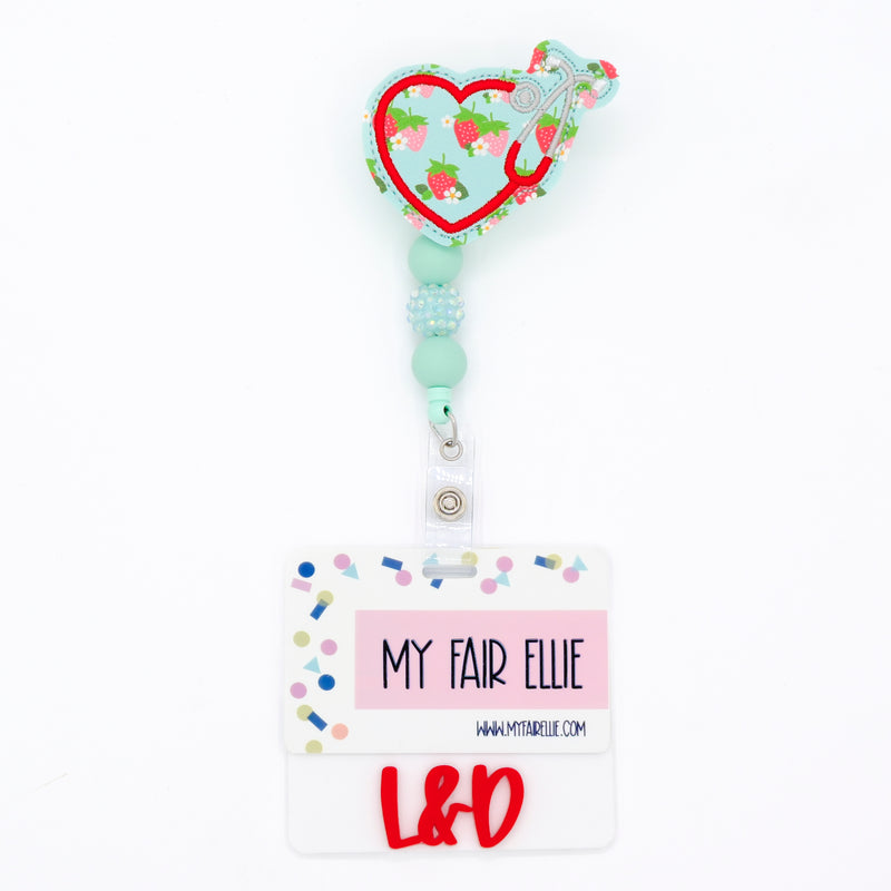 SALE!! Strawberries & Daisies Print Stethoscope Heart // Badge Buddy