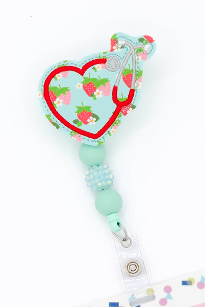 SALE!! Strawberries & Daisies Print Stethoscope Heart // Badge Buddy