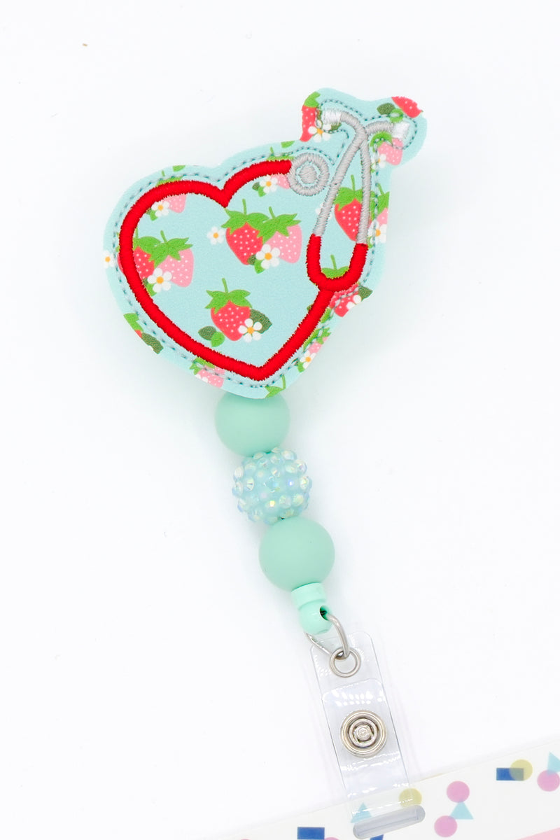 SALE!! Strawberries & Daisies Print Stethoscope Heart // Badge Buddy