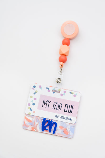 Cotton Candy Swirl with Blue Peachy Font // Badge Backer // 2-4 Week Turnaround Time