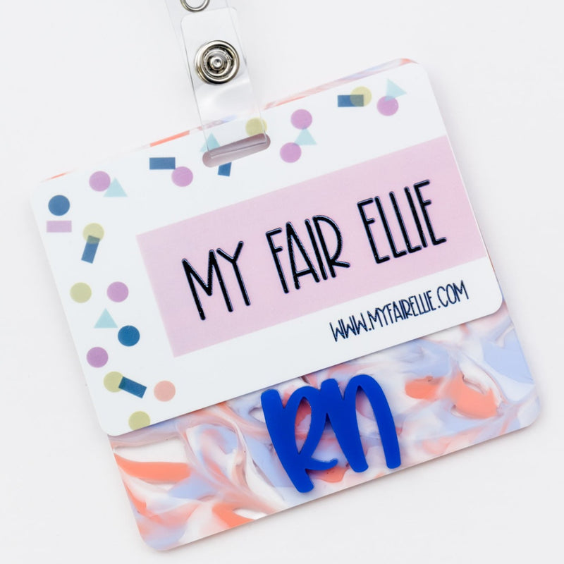 Cotton Candy Swirl with Blue Peachy Font // Badge Backer // 2-4 Week Turnaround Time