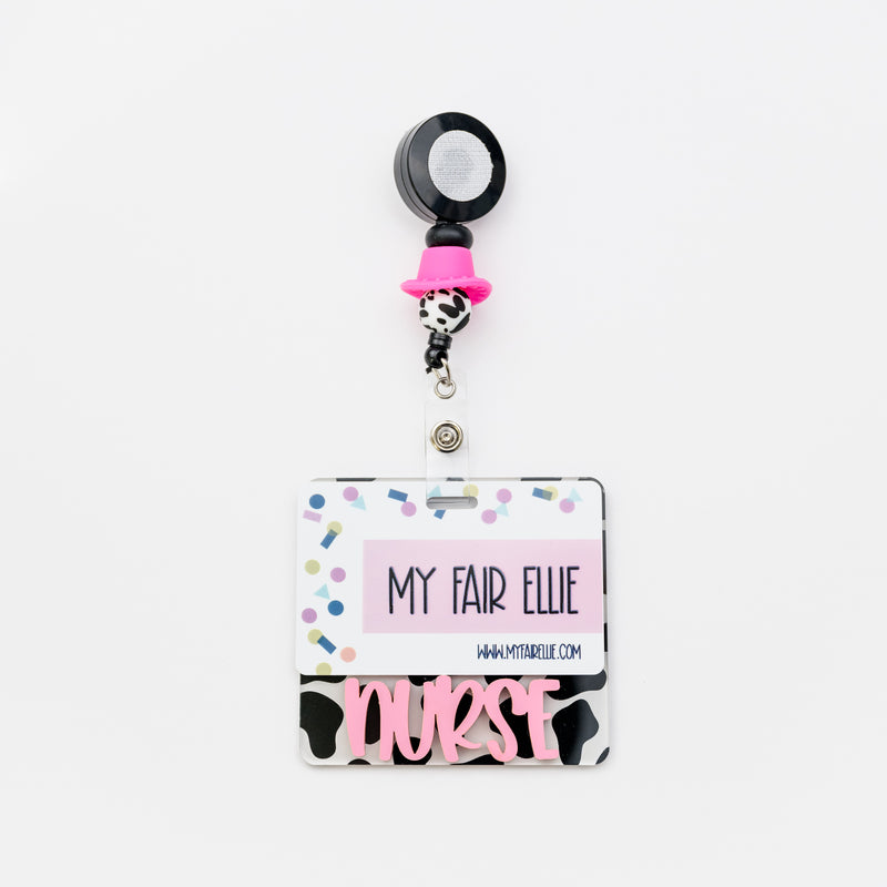 Cow Print with Bubblegum Peachy Font // Badge Backer // 2-4 Week Turnaround Time