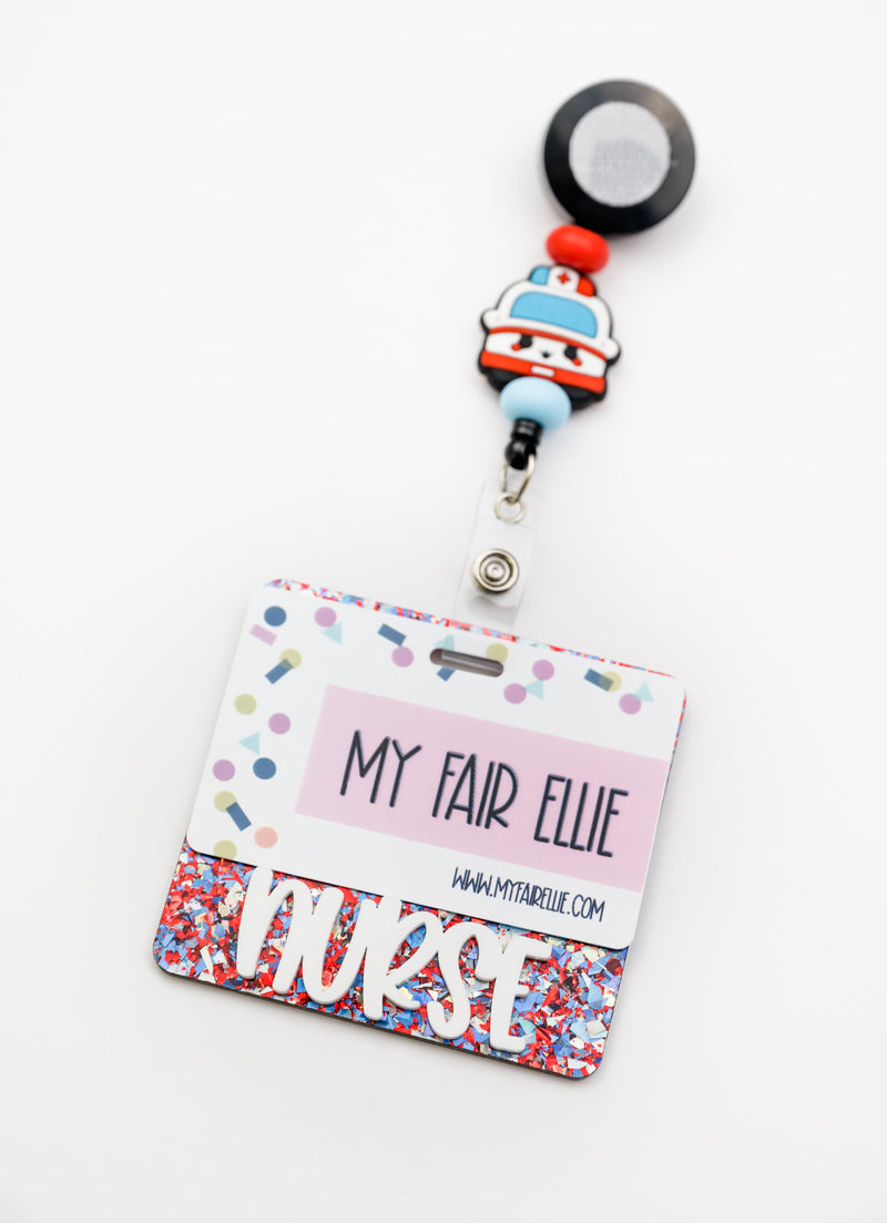 Patriotic Flake with White Peachy Font // Badge Backer // 2-4 Week Turnaround Time