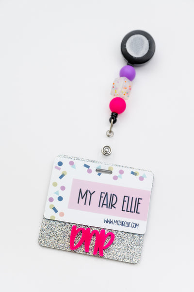Holo Silver Sparkle with Hot Pink Peachy Font // Badge Backer // 2-4 Week Turnaround Time