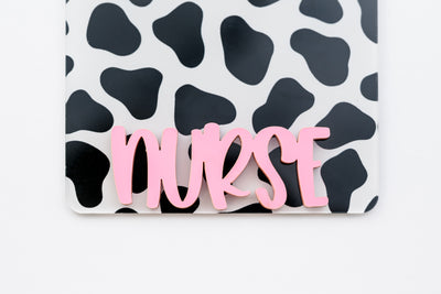 Cow Print with Bubblegum Peachy Font // Badge Backer // 2-4 Week Turnaround Time