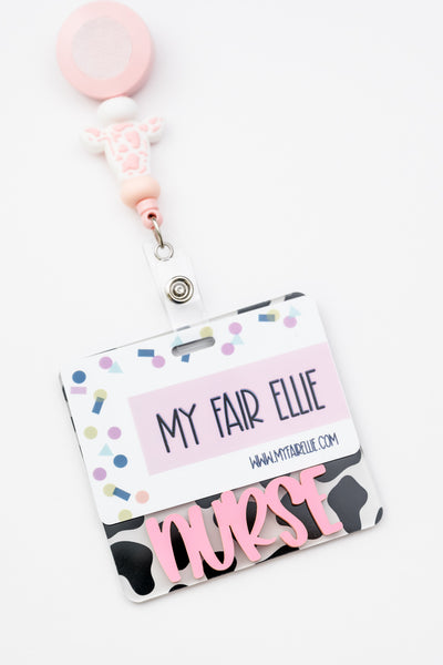 Cow Print with Bubblegum Peachy Font // Badge Backer // 2-4 Week Turnaround Time