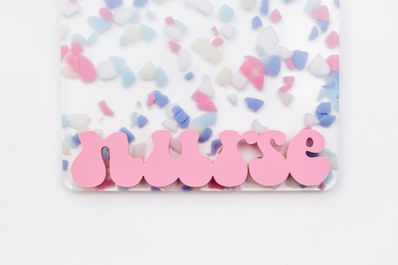 Pastel Terrazzo with Bubblegum Groovy Font // Badge Backer // 2-4 Week Turnaround Time