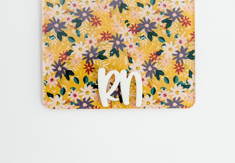 Yellow Floral Badge Backer with White Peachy Font