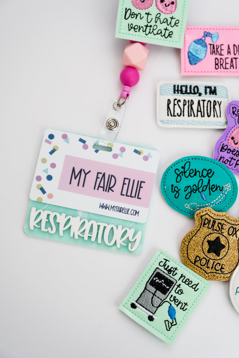 Mint Clouds Backer with White Peachy Font // Badge Backer // 2-4 Week Turnaround Time
